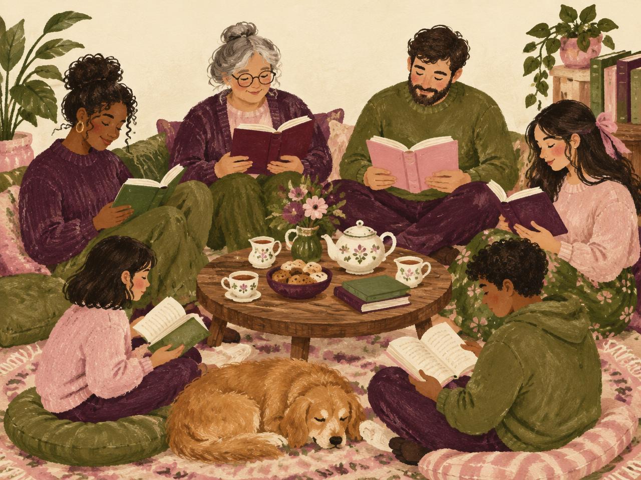 Friends reading books together around a table